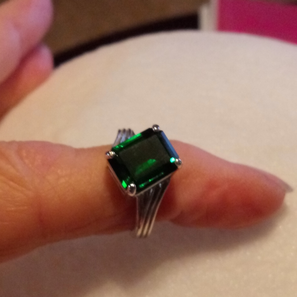 Emerald Cut Emerald Green Helenite Size 6 Sterling Silver Setting